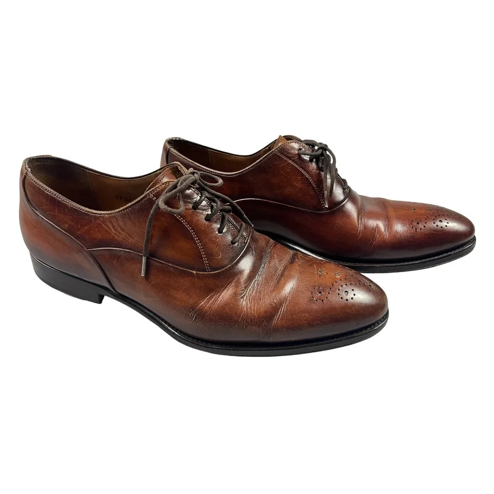 Magnanni Mens Brown Leather Medallion Toe Oxford Dress Shoes Size 9.5 M Spain